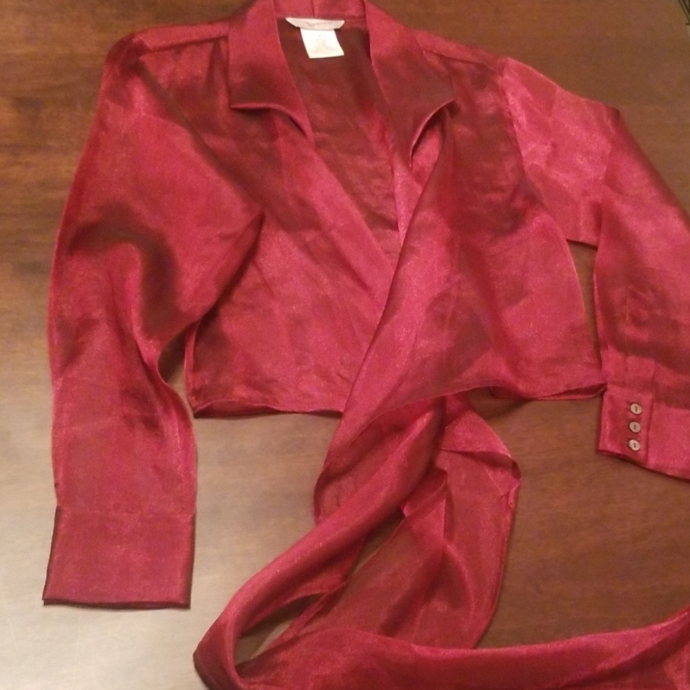 Esprit sheer red front tie blouse
